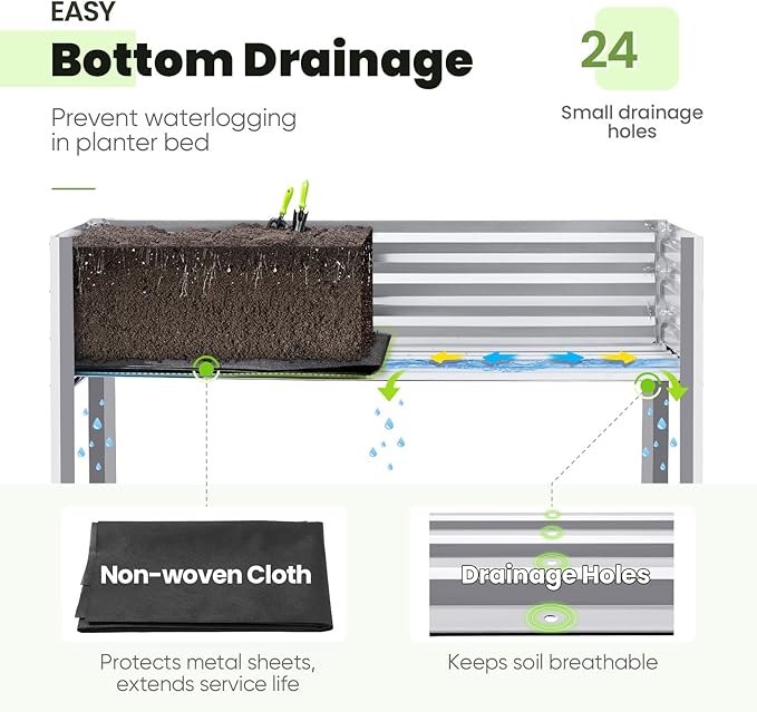 KING BIRD Large Raised Garden Bed with Legs Galvanized Elevated Planter Box 48×24×32 in for Backyard Patio Balcony 400lb Capacity Silver