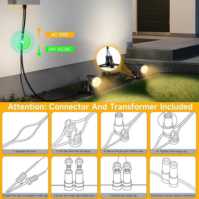 Outdoor Landscape Lighting - 24Pack Outdoor Spot Lights with Connectors &amp Transformer for Yard Plant Lawn Tree Flags House Garden Fence - 7W Warm Yellow 3000K Spotlights with IP65 Waterproof