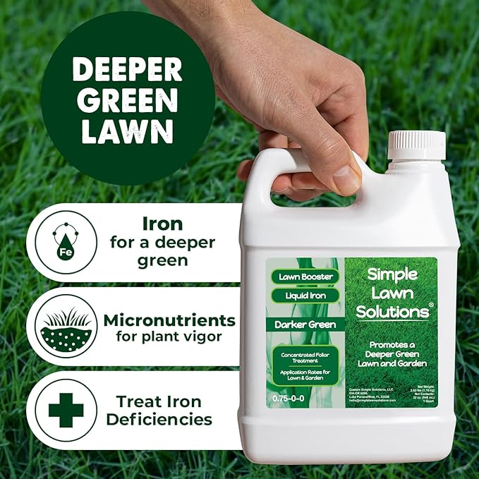 Simple Lawn Solutions - Liquid Iron Fertilizer Darker Green - Chelated Micronutrients - Concentrated Green Booster for Turf Grass Indoor Plants and Outdoor Garden (32 Ounce)