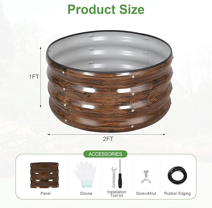 Galvanized Raised Garden Bed- 2Pcs Metal Planter Boxes Outdoor | 12 Tall 24 Round Steel Raised Bed Kit &amp Fire Pit Ring for Gardening with Protective Tape for Vegetables (Wood Grain)