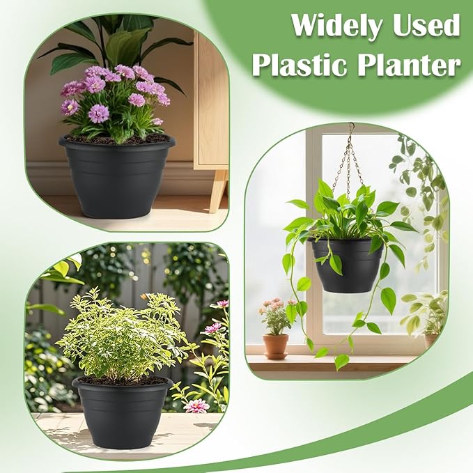 3 Pack 11 Inch Plant PotsPlastic Flower Pots with Drainage HolesLightweight Durable Planters for Indoor Outdoor PlantsModern Decorative Pots for Patio Garden(Black)