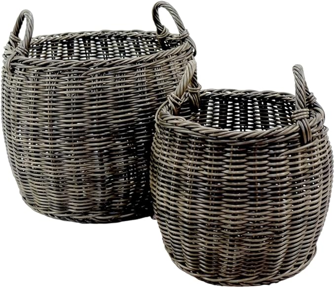 2 Pack Stackable Hand Woven Wicker Storage and Laundry Basket with Handles