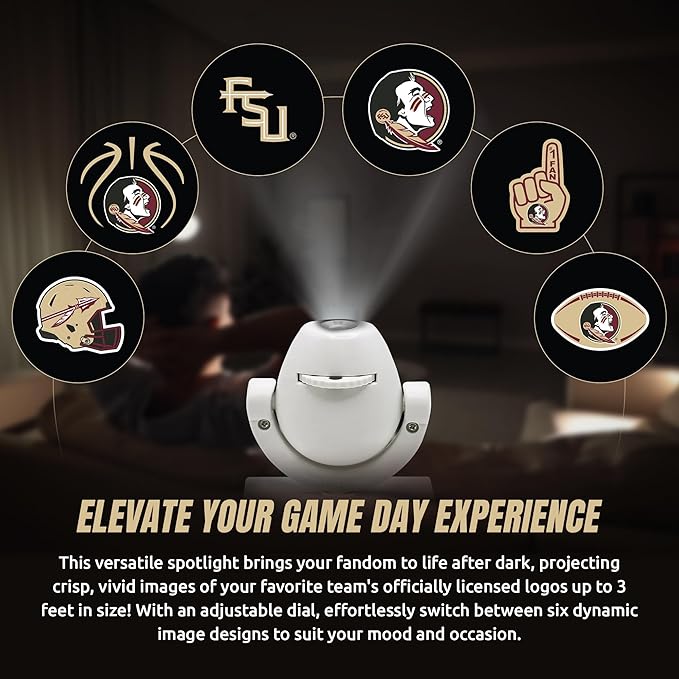 Sporticulture NCAA American Football Florida State - Adjustable Led Mini Spotlight Projector with 6 Team Logo Designs - Portable &amp Rechargeable Spotlight - Battery-Operated - 4.375” x 3.125”