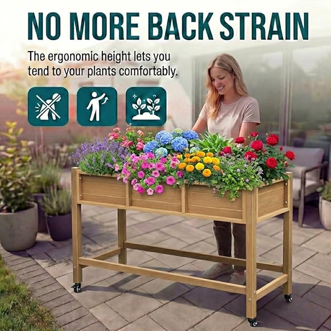 YITAHOME Raised Garden Bed HDPE 47x18x31In Poly-Wood Weather-Resistant Raised Flower Bed Elevated Planter Box with Lockable Wheels for Vegetables Brown