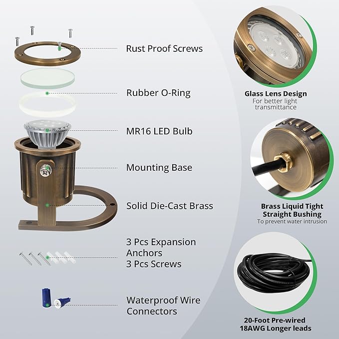 GKOLED Solid Brass Underwater Light Low Voltage LED Pond Lights Submersible Fountain Lighting with 5W 2700K 410LM MR16 Bulb 9-15V AC/DC Outdoor Landscape Waterfall Light IP68 Rated Pool Spotlights