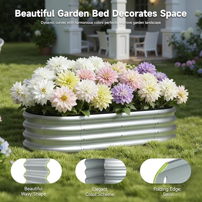 4x2x1 FT Oval Metal Raised Garden Bed Elevated Garden Planter Box Outdoor Trough Planter for Outdoor Plants Flower Vegetables Fruit Herbs (Silver 1PC)