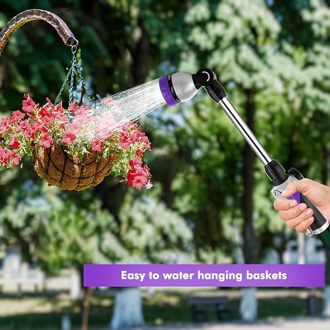 RESTMO Metal Watering Wand Heavy Duty Garden Hose Wand with 180° Swivel Ratcheting Head 16'' Hose Nozzle Sprayer with 7 Spray Patterns and Flow Control for Water Hanging Baskets and Shrubs Purple