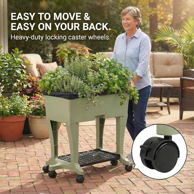 EarthBox Raised Garden Bed with Legs – Elevated Self Watering Planter Box with Wheels Storage Shelf Premium Plant Food Easy Assembly Made in USA Sage