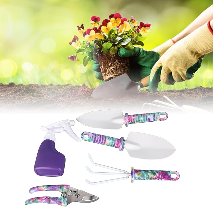 5 Pieces Garden Tool Set Gardening Tools Gardening Gifts with Cultivator Rake Shovels Branch Scissors Spray Can &amp Carrying Case