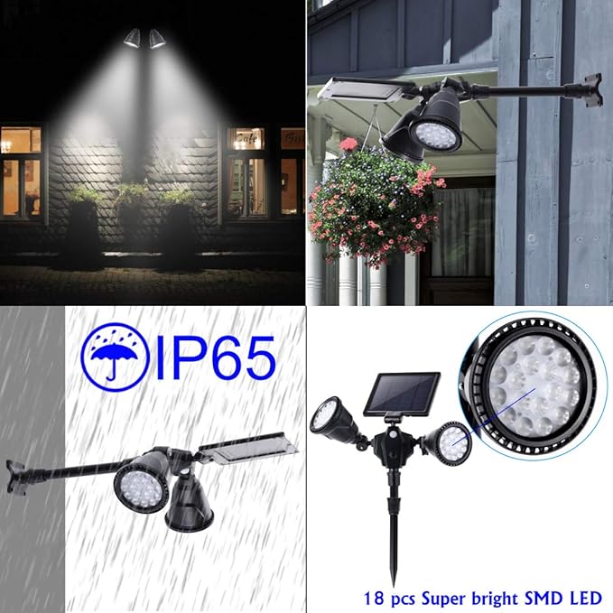 Solar Outdoor Spotlights 1400-Lumens Bright 36 LED Motion Sensor Spot Lights Waterproof Double Head Security Light Wall Lights Landscape Light for Patio Deck Yard Garden Driveway Lighting