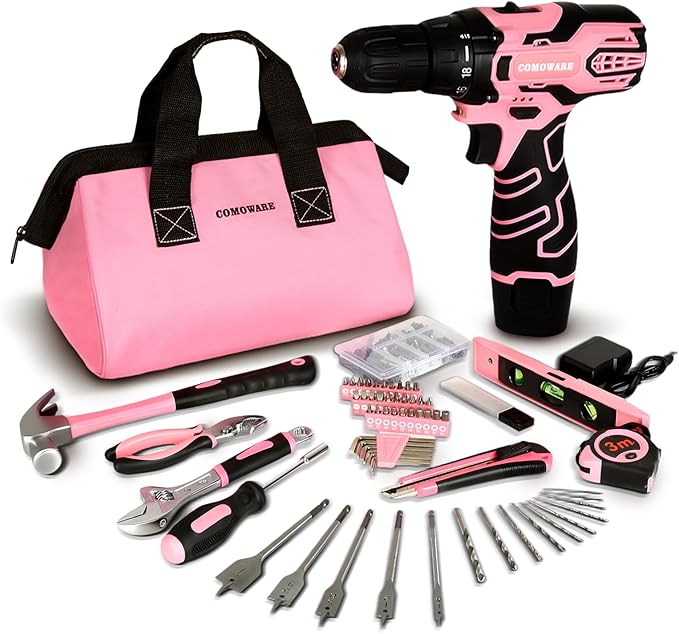 COMOWARE 12V Cordless Drill Set Pink Hand Tool Set with Cordless Drill Driver Complete Repair Tool Kit for Women Storage Bag Ideal for Office Garden Dorm and DIY Project