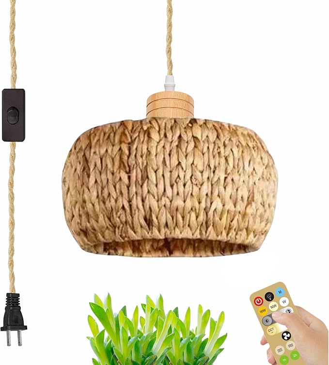 Full Spectrum Plug-in Lamp with Fan Timer Swag Hanging Boho Plant Growing Light by Remote Control Hemp Rope Cord Dimmable Water Hyacinth Drum Shape for Indoor Planting Portable 30W
