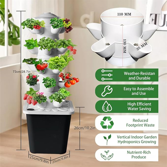 Hydroponic Tower Growing System 18/25 Plant Vertical Planter Germination Kit with Pump Timer and 10L Water Tank for Grow Herbs and Vegetables
