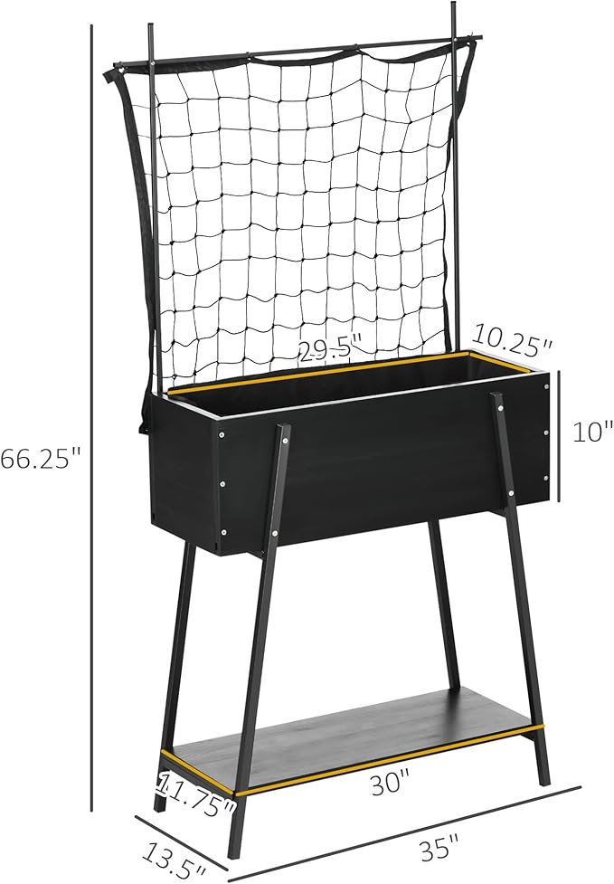 Raised Garden Bed with Trellis Storage Shelf Elevated Planter Box with Metal Legs Bed Liner and Drainage Holes for Vegetable Vines Climbing Plants Flowers Black