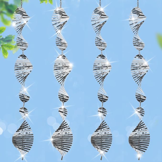 Stainless Steel Bird Deterrents for Outside3D Wind Spinners Outdoor Decor12 Discs Reflective Bird Scare Discs 4 Set Bird Reflectors to Keep Woodpecker Pigeon Away from House Window Patio Yard Porch