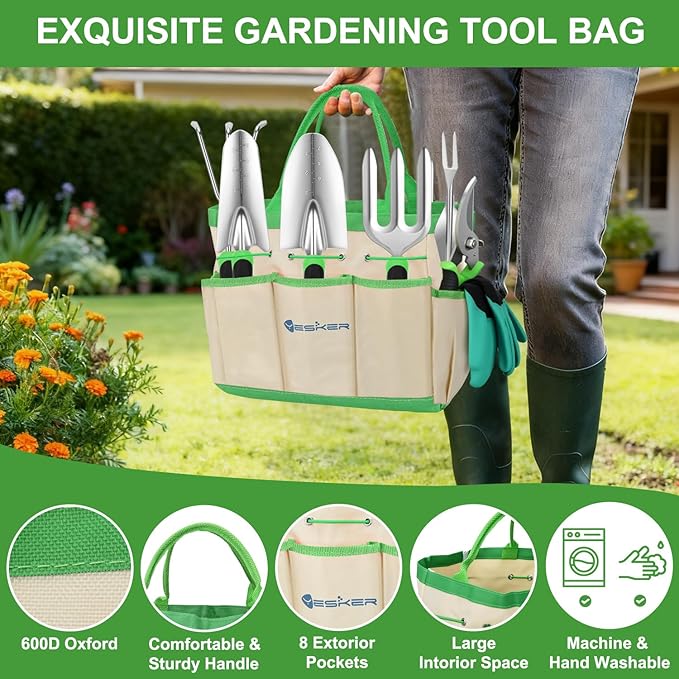 Yesker Gardening Tools 9-Piece Heavy Duty Garden Tool Set Gardening Supplies Gifts for Women Men Gardening Hand Tool Kit with Non-Slip Ergonomic Handle Garden Bag Durable Gloves and Shears Green