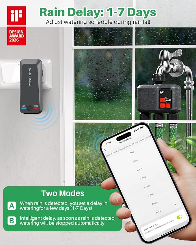 WiFi Sprinkler Timer 3 Zone with 984 Feet RF Gateway 3 Outlet Smart Water Timer for Garden Hose with Rain Delay/Manual/AutomaticWiFi Water Hose Timers for Garden &amp Lawns