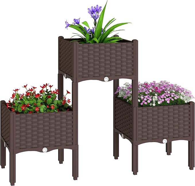 Outsunny Plastic Raised Garden Bed with Legs Self Watering Elevated Planter Boxes with Drainage Holes and Plugs Easy Assembly Outdoor Planter Box for Patio Yard Balcony Vegetables Flowers Herbs