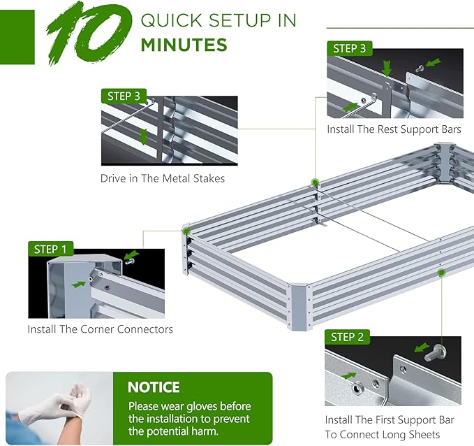 8×4×1FT Galvanized Raised Garden Bed Kit PETNOZ Easy Quick Setup Raised Garden Boxes Outdoor With Metal Stake To Fix Optional Size Rustproof Planter Box With No Bottom For Vegetables Flowers Herbs