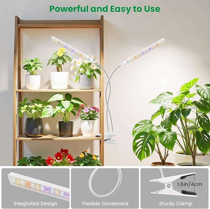 Grow Light Clip on 2 Pack 228 LED Grow Lights for Indoor Plants Full Spectrum 2 Head White Arm Grow Lamp with Gooseneck 6/12/16H Timer 5 Dimming 3 Light Mode