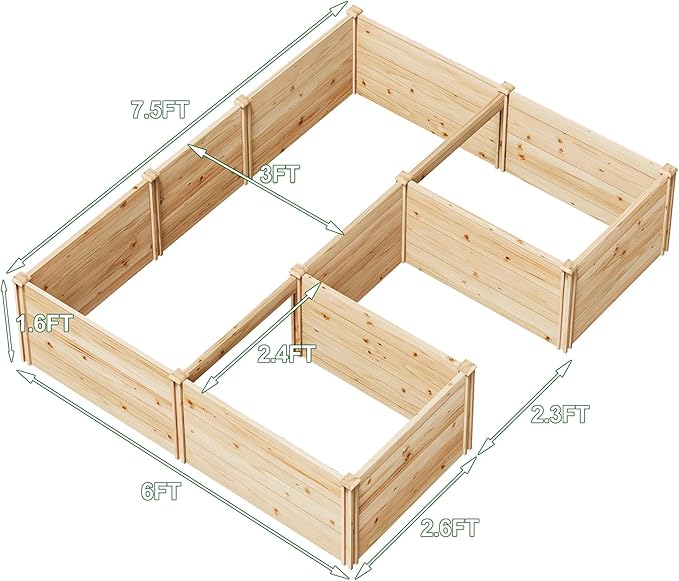AMERLIFE U-Shaped Raised Garden Bed 7.5Wx6Dx1.6H Free Combination Outdoor Wooden Raised Garden Bed Planter with 19.6 Depth Planter Box