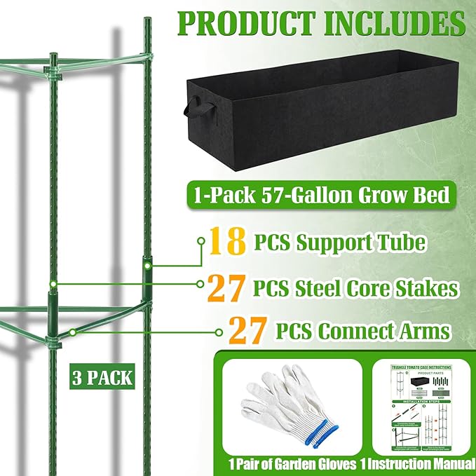3-Pack Tomato Cage with 57 Gallon Raised Garden Bed - Anti Collapse Steel Core Plant Support System for Climbing Vegetables Plants Flowers 48 Adjustable Vertical Tomato Trellis for Garden Balcony