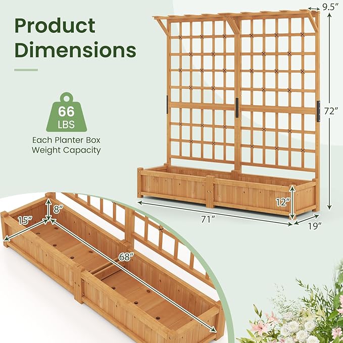 COSTWAY 71” Large Wooden Raised Garden Bed with Trellis and Hanging Roof 2 Planter Boxes 4 Drainage Holes Removable Bottom Plate for Climbing Plants Flowers Outdoor Balcony Planter