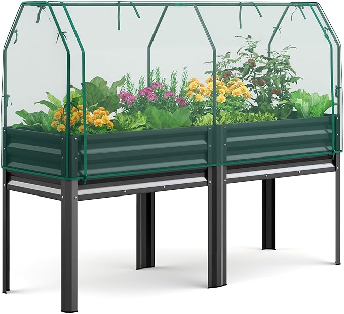 KING BIRD Large Raised Garden Bed with Netting Galvanized Elevated Planter Box with Legs 72×23×55 in for Backyard Patio Balcony 700lb Capacity Dark Grey