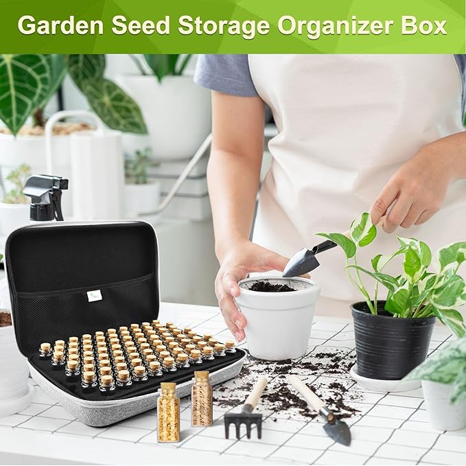 【80 Slots】 Seed Storage Organizer Sturdy Seed Organizer Storage Box with Dual Zipper Bag and 84Pcs Label Stickers Glass Seed Storage Container for Flower Vegetable Plants Garden Seeds Saving