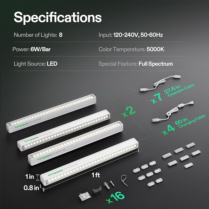 VIVOSUN T5 Grow Lights for Indoor Plants 5000K Full Spectrum 48W(8 X 6W) 1FT LED Plant Light Strip for Seed Starting Greenhouse Hydroponics SGS Compatible Linkable 8-Pack