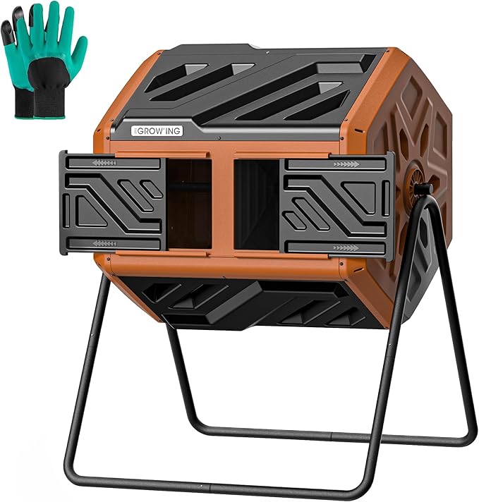 THEGROW'ING Updated 43 Gallon Compost Bin Outdoor Fast Assemble Tumbling Composter Dual Chamber Composter Tumbler Rotating Compost Bin for Outside Backyard Garden and Yard Orange