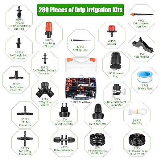 280 Pcs Drip Irrigation Kit 147FT Garden Watering System 1/2 1/4 in Distribution Tubing Hose Automatic Patio Misting System Micro Automatic Drip Irrigation for Plant Garden Greenhouse Patio Lawn