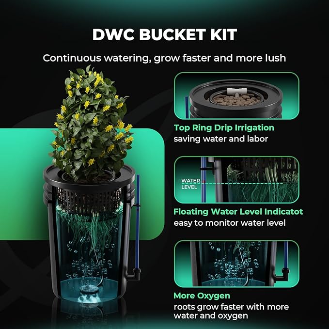 Mars Hydro DWC Hydroponics Grow System 5 Gallon Deep Water Culture with 8W Air Pump Multi-Purpose Air Hose Air Stone 2 Buckets and Top Drip Kit