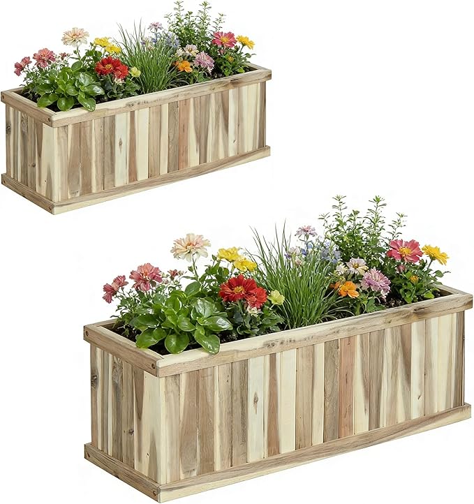 Wood Raised Garden Bed Rectangular Planter Box with Liner &amp Drainage Easy Assembly for Growing Vegetable Flower Herb Fruit Outdoor Planting Bed for Backyard Garden (2 36” x 12” x 12”)