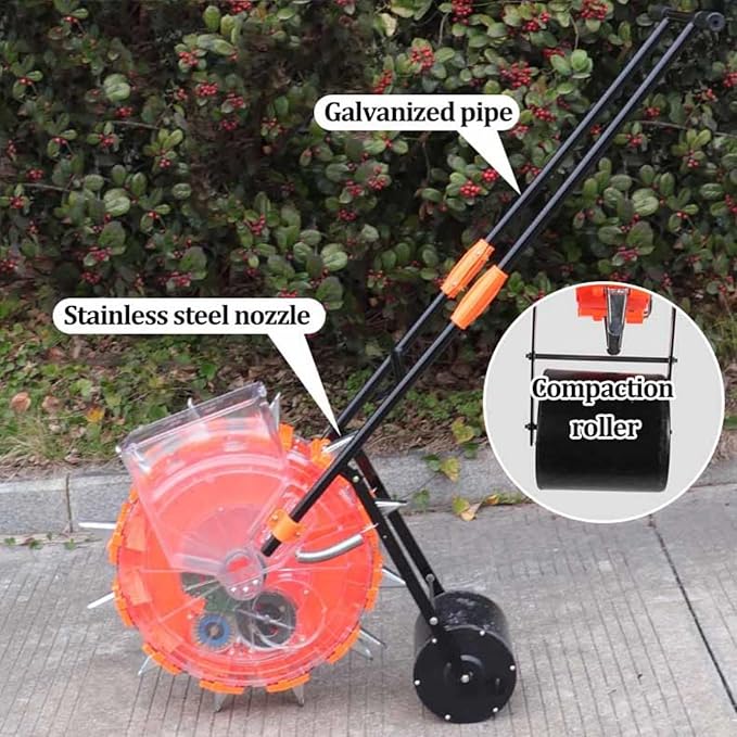 Precision Hand-Push Roller Seeder Seeds Dispenser Spreaders with 12 Seeding Nozzles Single-Wheel Planter Tool Manual Seeder Machine for Soy Peanut Corn Cotton Soybean