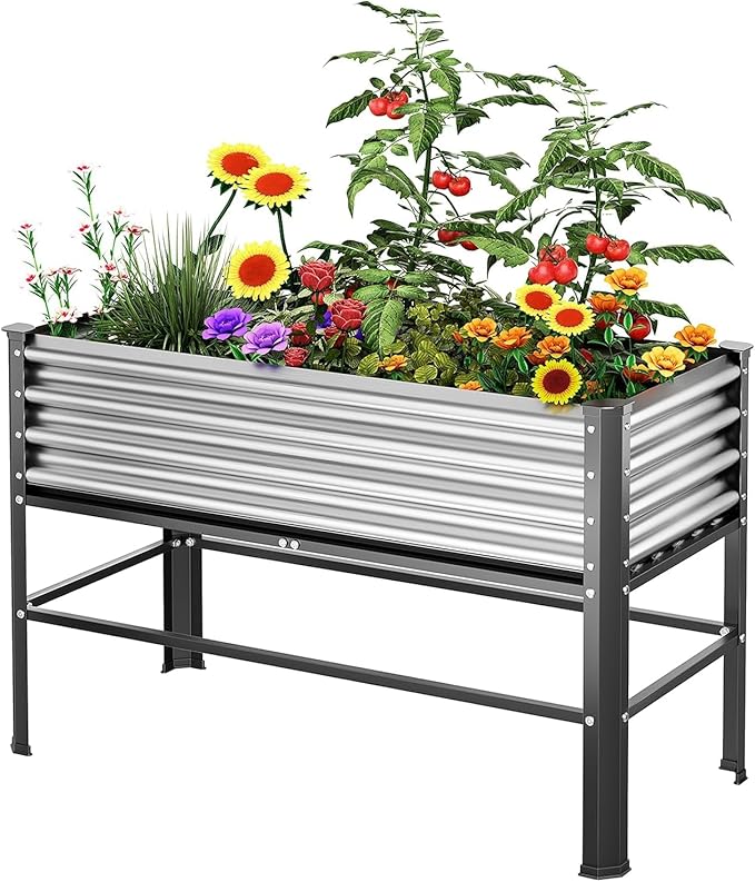 Doniks Raised Garden Bed with Legs 48×24×32in Large Outdoor Metal Galvanized Garden Planting Box 600lb Capacity for Vegetables Lawn Green Flowers Fruits Terrace