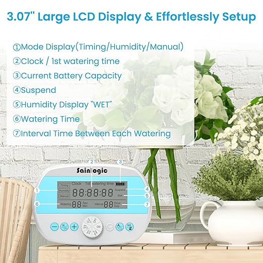 Sainlogic Automatic Plant Waterer for 15 Potted Plants Smart Self Watering System with Humidity Monitor DisplayDeep Root Irrigation IP64 Programmable Timer for Vacation Travel Indoor Garden