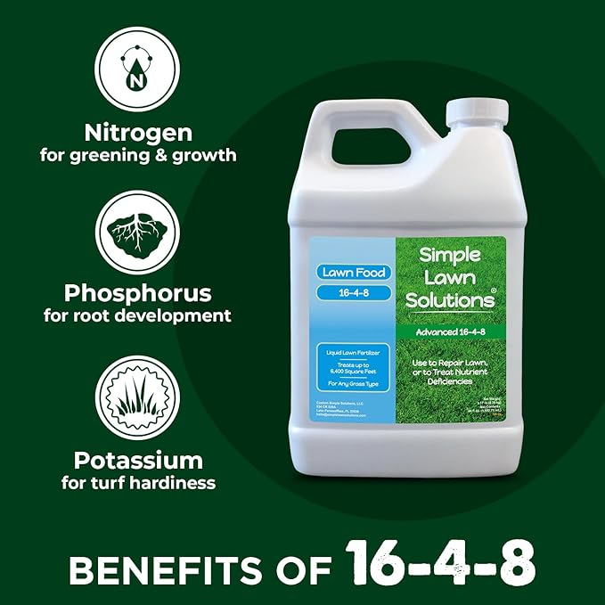 Advanced 16-4-8 Lawn Fertilizer - Liquid Lawn Food Spring &amp Summer Concentrated Spray - Any Grass Type- Fish and Seaweed Kelp- Balanced NPK - Simple Lawn Solutions (64 Ounce)