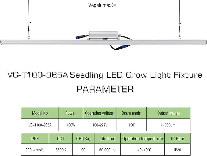 LED Grow Light Lamp for Indoor Plant Seedling Germination Vege Flower GrowthFull Spectrum CRI 90+ High Output White Light CCT 6500KIsolated Dimming Driver with On/Off Switch100 Watt4Feet