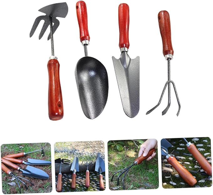 DECHOUS Garden Shovel and Spade Tool Set 4pcs Mini Metal Gardening Trowels with Extended Narrow Shovel Three-Prong Rake Dual-use Hoe and Soil Scoop for Planting and Flower Pots
