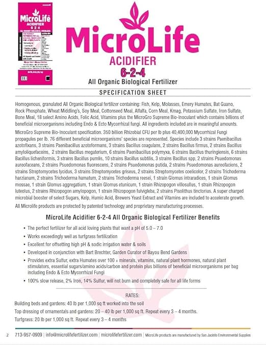 MicroLife Acidifier (6-2-4) Professional Grade Granular Organic Fertilizer (for Acid Loving Plants) Roses Blueberries Azaleas Camellias 7 LBS