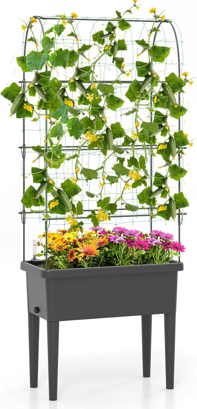 Happygrill Raised Garden Bed with Trellis 4 in 1 Self-Watering Planter w/Water Level Observer Drainage Holes Climbing Net &amp Detachable Legs Garden Cucumber Planter for Vegetables Flowers