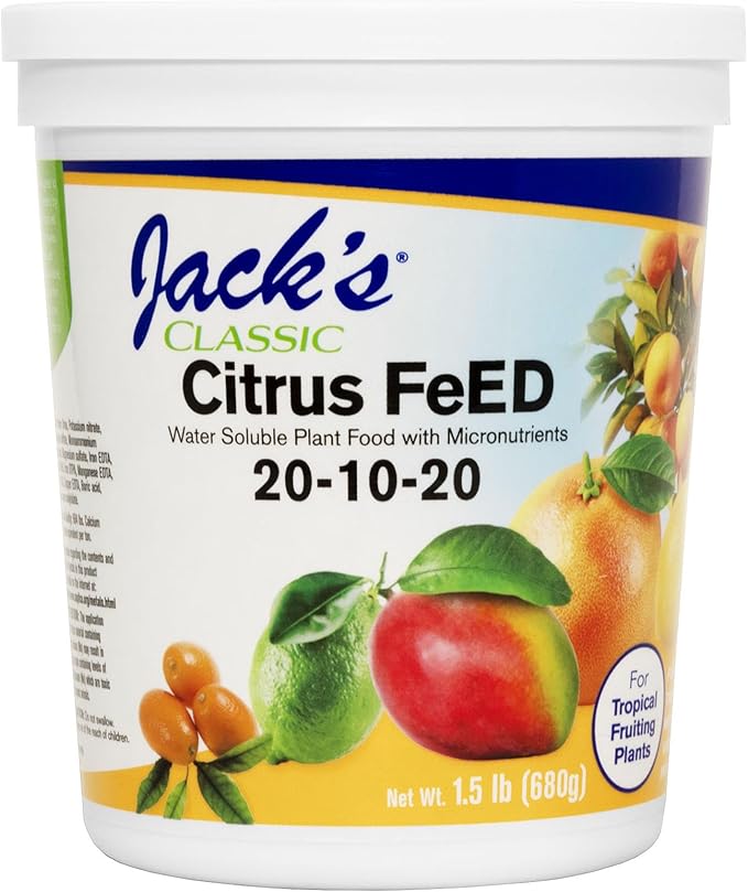 Jack's Classic 20-10-20 Citrus Feed Water-Soluble Fertilizer with Micronutrients to Provide Better Growth and Fruiting in Tropical Fruiting Plants 1.5lbs