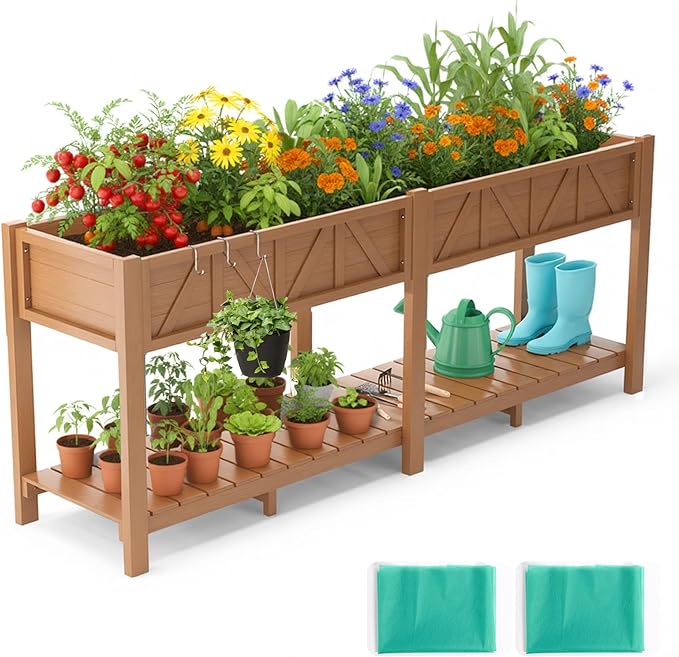 HIPS Elevated Raised Garden Bed with Legs72L x 17.3W x 28.7H Large Outdoor Planter Box with Storage RackAll-Weather Raised Bed Planters with 6 Hooks &amp 2 Non-Woven Liner for Vegetables Flower