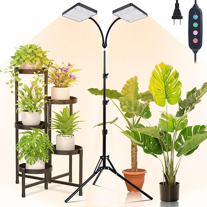 2Head Grow Light with Stand 50 Watt Grow Lights for Indoor Plants Natural Sunlight Full Spectrum Plant Growing Lamps for Tall Houseplants &amp Bonsai Tree 4/8/12/16/20H 5-Mode Timer