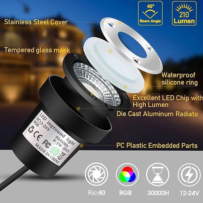 2PCS 3W Ground Landscape Lights - Outdoor Recessed Spot Light IP67 Waterproof Color Changing Garden Floor Lamp RGB Outdoor Buried Lights(3W(12V))