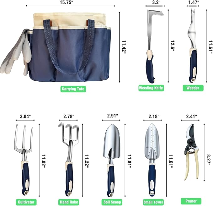 Gardening Tool Set 9-Piece Heavy-Duty Aluminum Garden Tools with Non-Slip Handles and Large Tool Bag with Storage Pockets Durable Hand Gardening Tools - Perfect Gardening Gift for Men and Wome