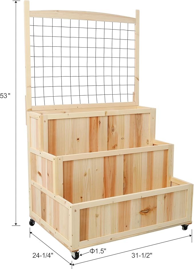 3-Tier Natural Wood Raised Garden Bed with Trellis53 H Vertical Planter Box Mobile Vertical Planter Box with Storage Area &amp Wheelsfor FlowersVegetablesHerbsOutdoor UseDurable with Drain Hol