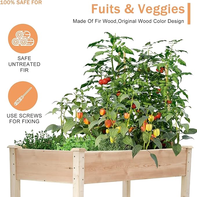 Fir Wooden Raised Garden Bed with Legs Elevated Planter Box Outdoor Growing Bed with Liner &amp Drain Holes for Vegetable Flower Herb 49Lx24Wx30H