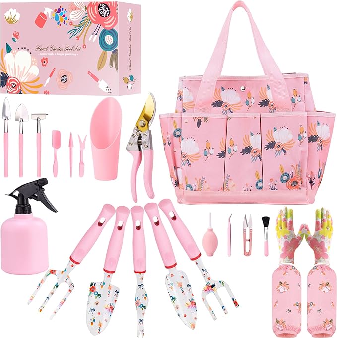 Floral Garden Tools SetHeavy Duty Gardening Tools for GardenerGardening Gifts for WomenStorage Tote BagSleevesGlovesTrowelTransplanterRakeWeederCultivatorPrunerSucculent Hand ToolsPink
